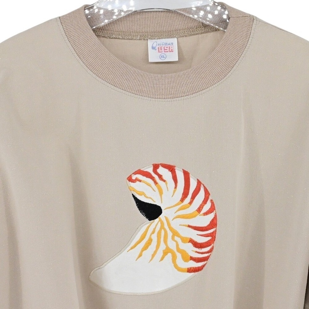 Vintage 100% Cotton Embroidered Nautilus Shell Khaki Top Made in USA Boho Surfer